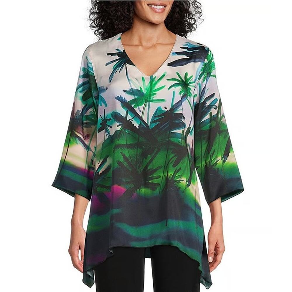 Caroline Rose Island Vibes Breezy Print 3/4 Sleeve Tunic White Multi Size XS NWT